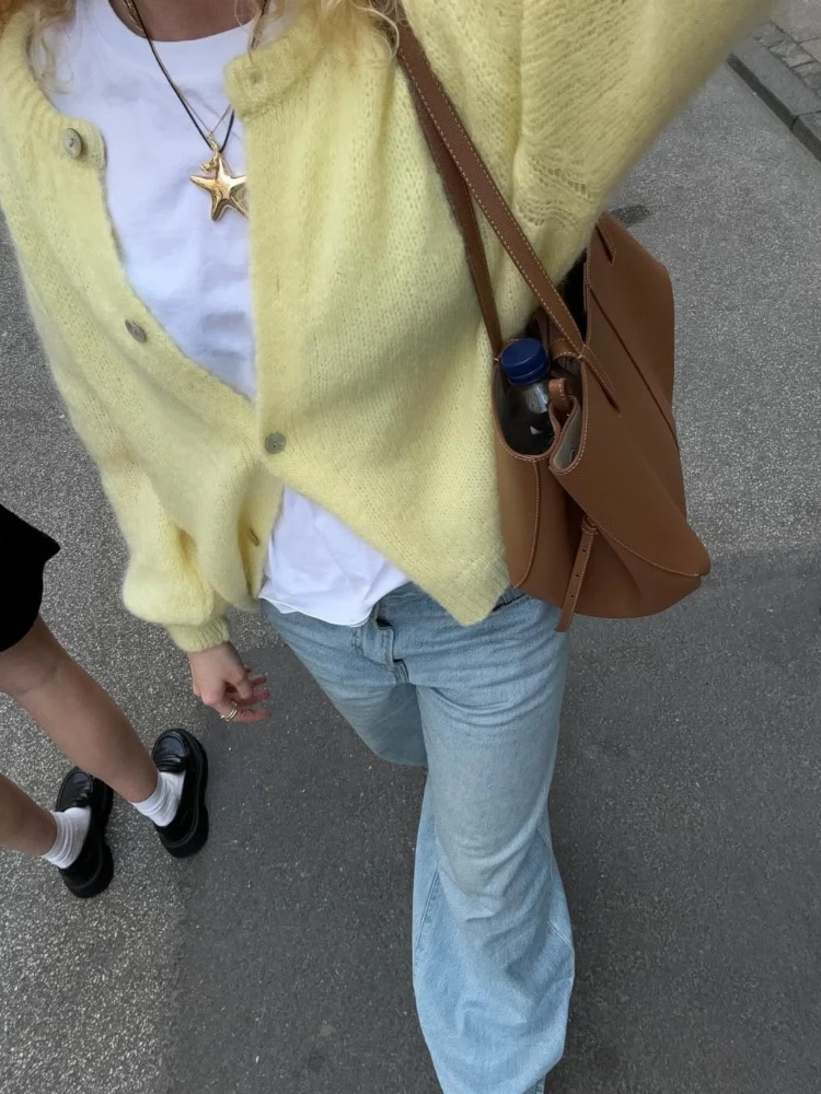 

Tsiisd Casual Round Neck Knit Sweater Cardigan Women Solid Ribbed Loose Inner Top Coat Commuting Female Knitwear Cardigan Spring