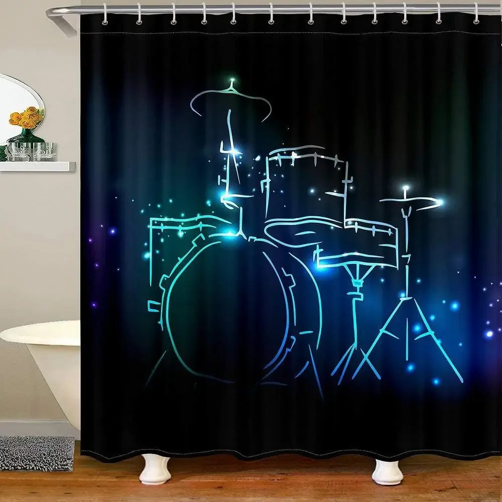 

Blu-ray Drum Kit Decorative Home Bathroom Shower Curtain Black Bathroom Decoration Hook Waterproof, 180x180cm