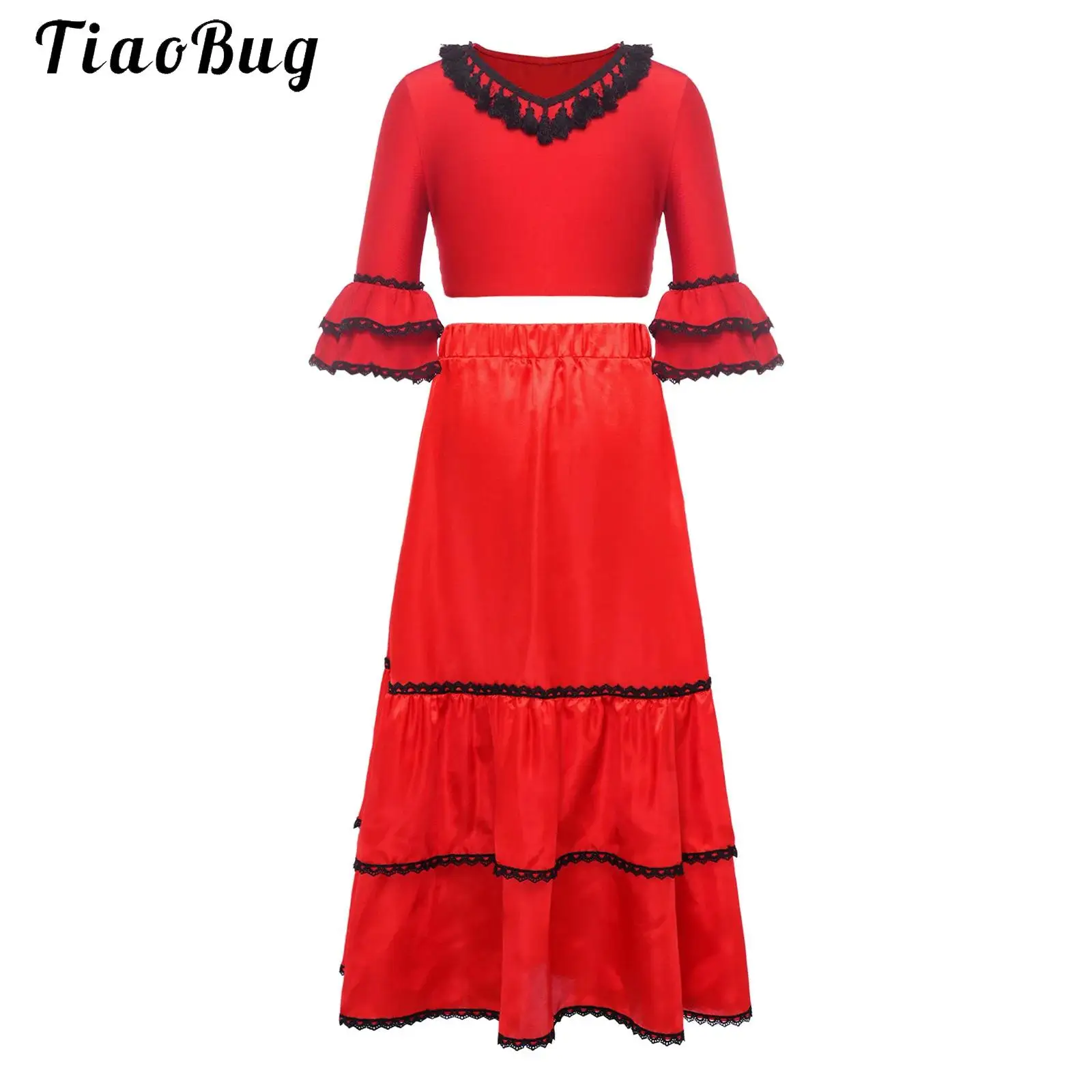 Traditional Spanish Dancer Costume For Girls Ruffle Half Sleeves Crop Top with Satin Tiered Skirt Carnival Flamenco Dance Outfit