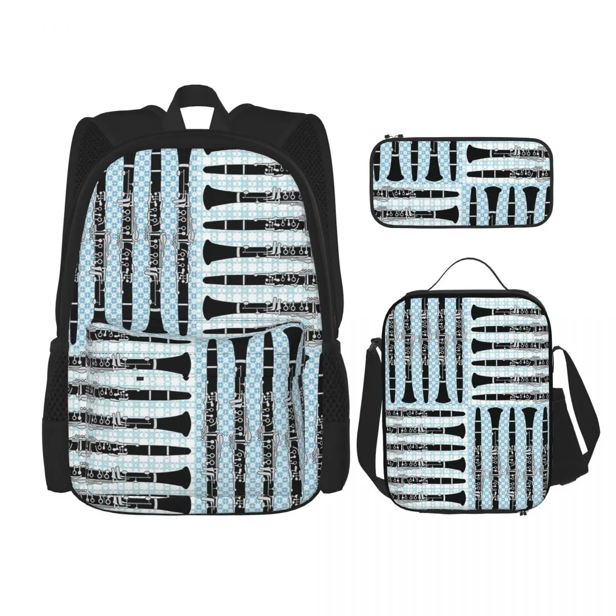 Clarinet Crosshatch Pattern Backpacks Students Bookbag School Bags Rucksack Lunch Bag Pen Bag Three-Piece Set