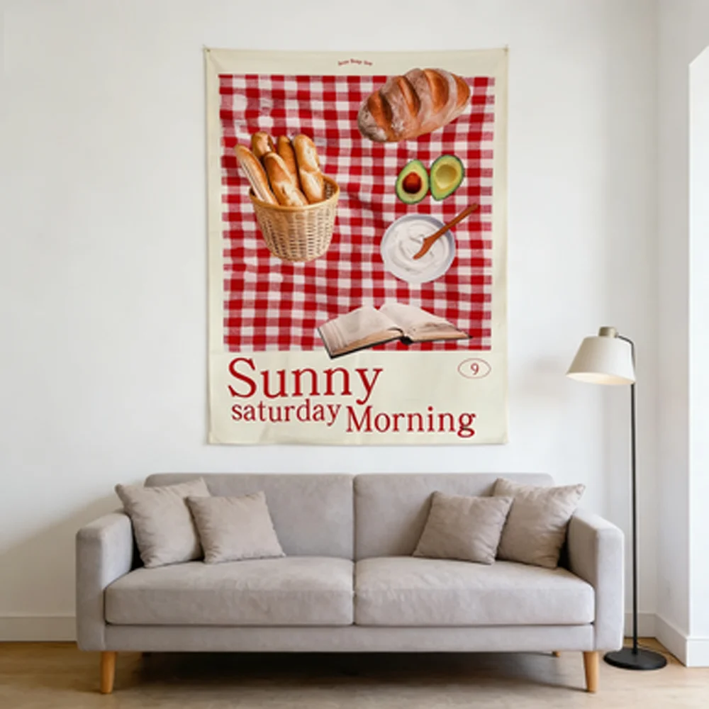 Korean Style Food & Dessert Tapestry Red Grid Table Mat Cloth Ambient Background Wall Decor for Coffee Shop