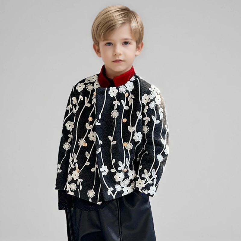 

Зимний пиджак для мальчиков, пальто на флисовой подкладке, теплая куртка с вышивкой, винтажный новогодний наряд, детская школьная верхняя одежда для выступлений