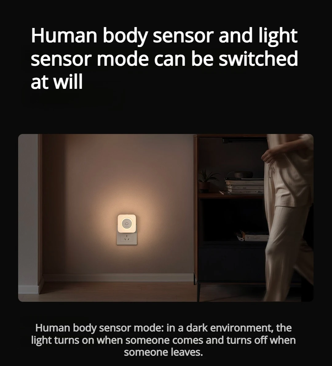 Lampu Sensor Tubuh Manusia Aqara Versi Plug-in LED Lampu Ramah Mata Lampu Tidur Ganda 3000K Cahaya Malam Sensor Pintar Lembut