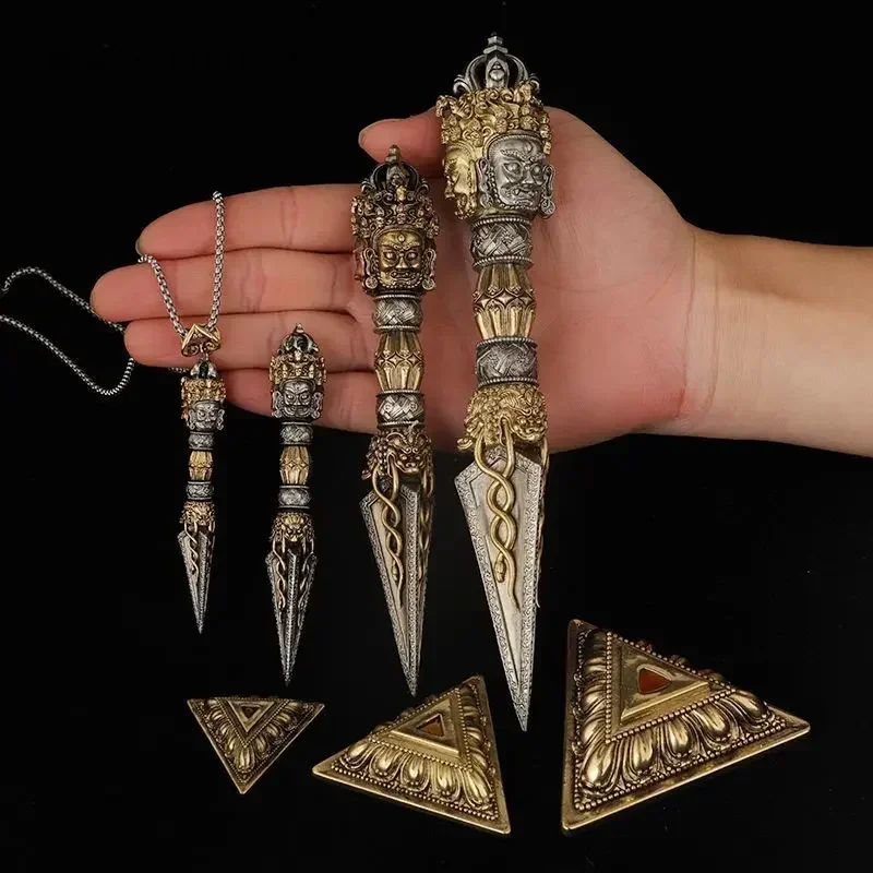 Retro Nostalgia Brass Three sided Puba Vajra Demon Subduing Pestle Nepalese Craft Vajra Pin Tibetan Esoteric Weapon