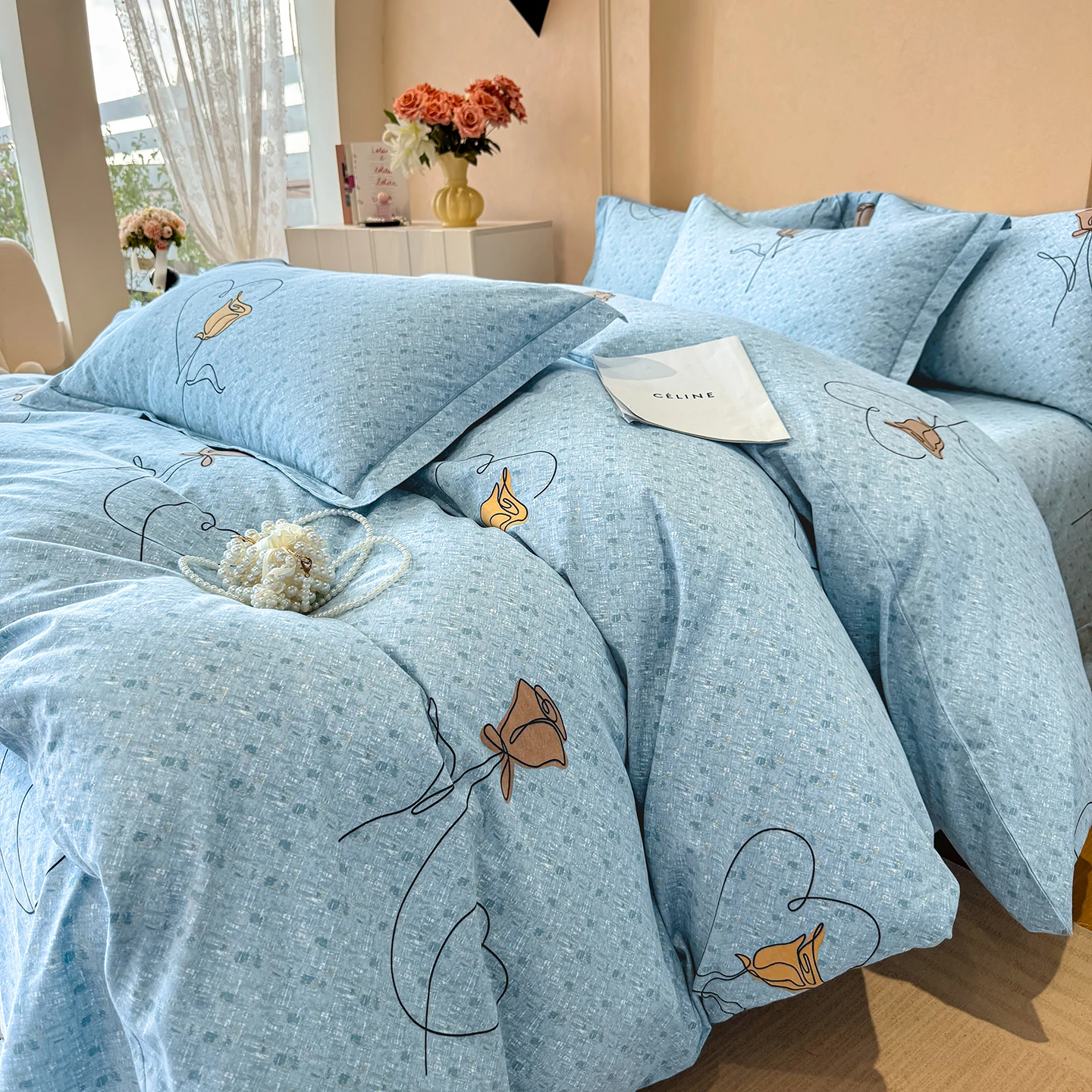 100% Cotton Bedding Set Brushed Flowers Rose Love Duvet Cover Lovely Dog Sheet Set Red Blue Sheet King Queen for Bedroom Decor