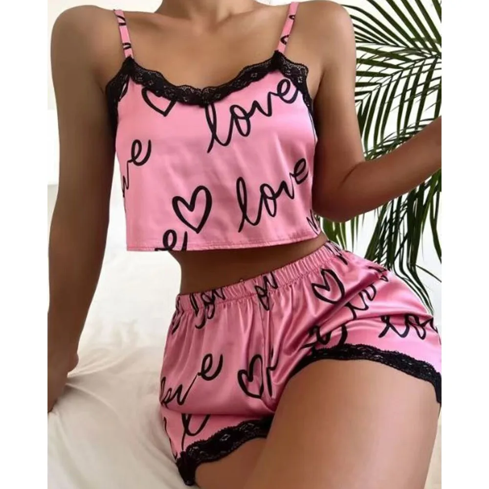 

Stylish And Cute Floral Pajamas With Lace Panels And A Camisole Set