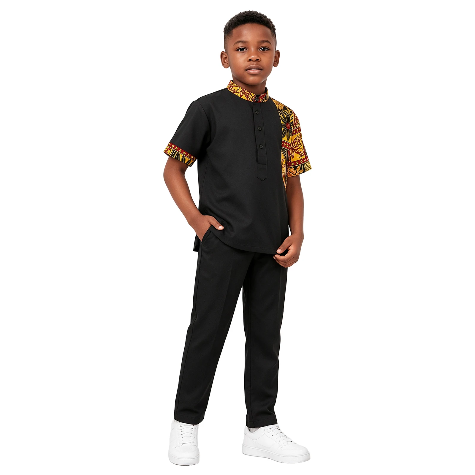 Boys African Outfit Kids World Apparel Short Sleeve Button-up Printed Dashiki Top with Pants Child Africa Traditional Clothing