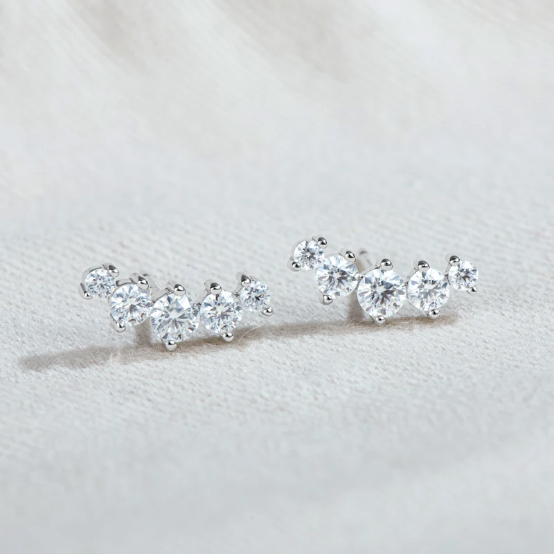 Lnngy Exquisite Round Cut 5 Stone Moissanite Climber Earrings 925 Sterling Silver Stud Earring For Women Fashion Girls Jewelry