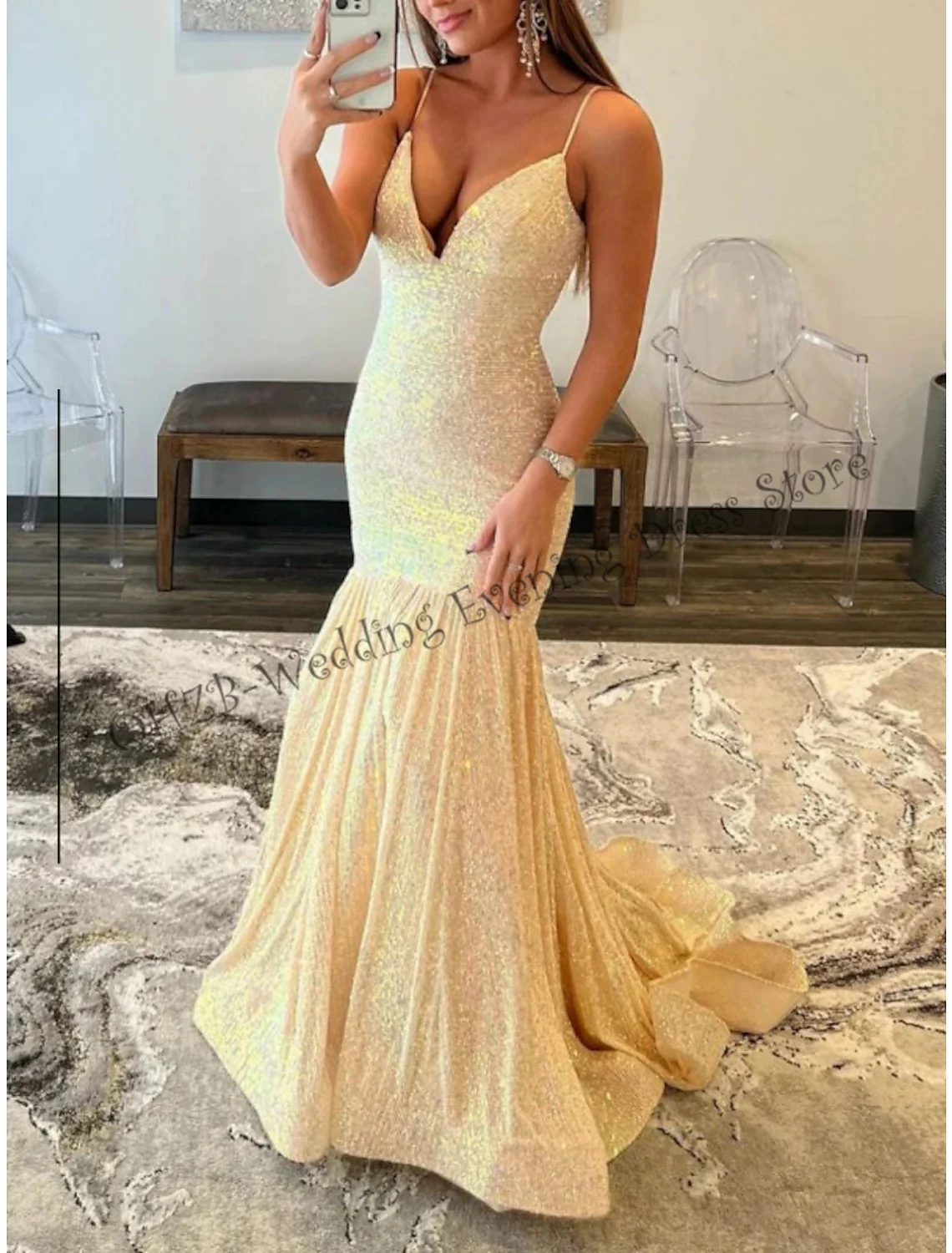 Sexy Sweep / Brush Train Sleeveless Spaghetti Strap Floor Length Sequined with Glitter Ruched Woman Formal Evening Dresses2023