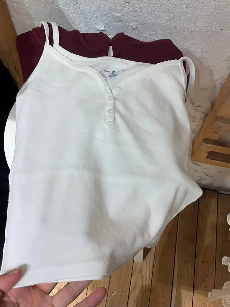 White Button Basic Slim Tank Tops Women Sweet Lace Trim V-neck Cotton Sleeveless Camisole Vintage Solid Cute Summer Crop Top Y2k