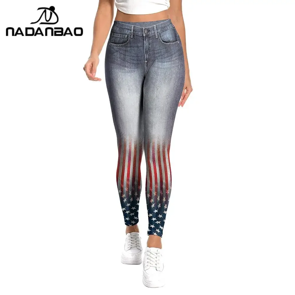 Nadanbao Independence Day Women Leggings 3D Print Denim Striped Star Sexy Tights 4th of July Party Pants Fashion Sports Pants