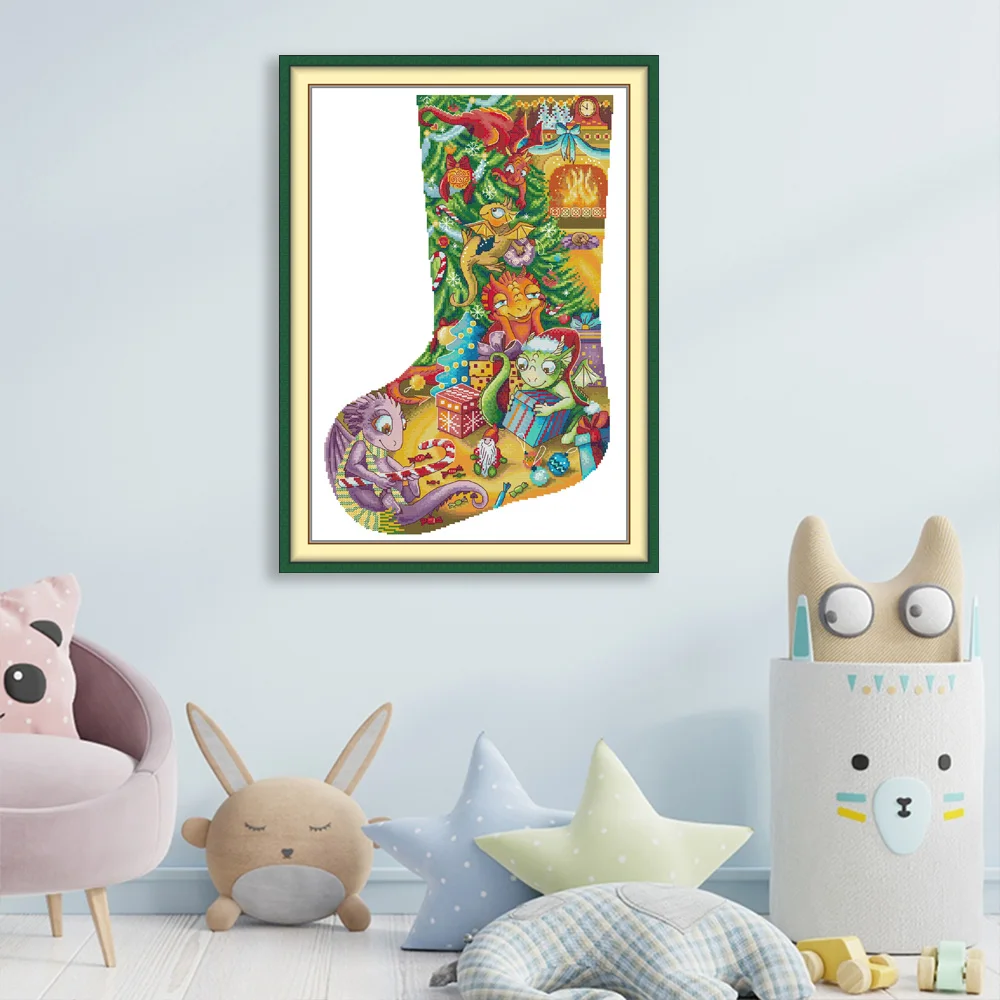 

Набор для вышивки крестом Joy Sunday, рождественский чулок, дракон HD, ткань с принтом Aida 16/14/11CT, набор для вышивания «сделай сам», домашний декор