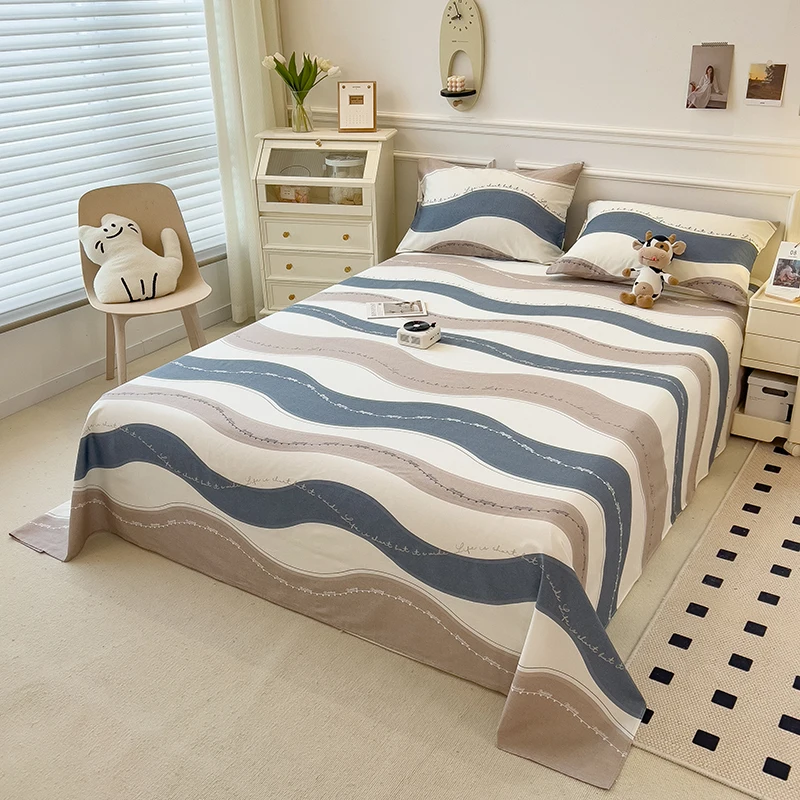 Geometric Cotton Flat Sheet Set Blue Khaki Wave Striped Beige Curve Bed Top Sheets 3Pcs Breathable Elegant Bedding for Women Men image 2