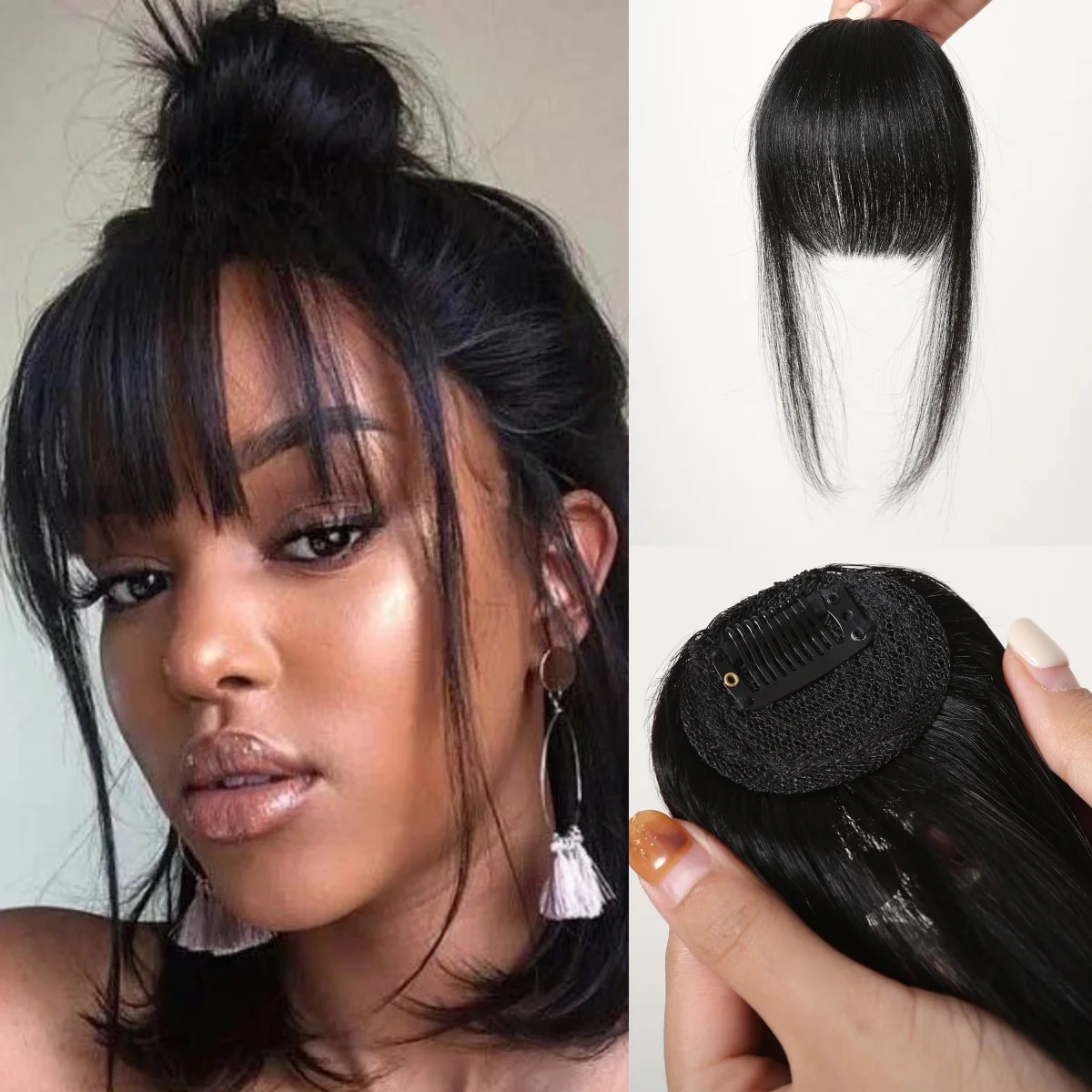 100% Human Hair Bangs with Clips Extention Fringe with Temples Bangs Natural Black Wispy Bang Fringe for Women Clip on Air Bangs