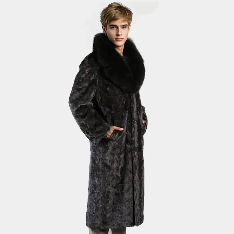 

Men's White Mink Section Full Length Fur Coat With Full Skin Fox Collar Natural Mink Fur Jacket Fashion Real Fox Fur Coat