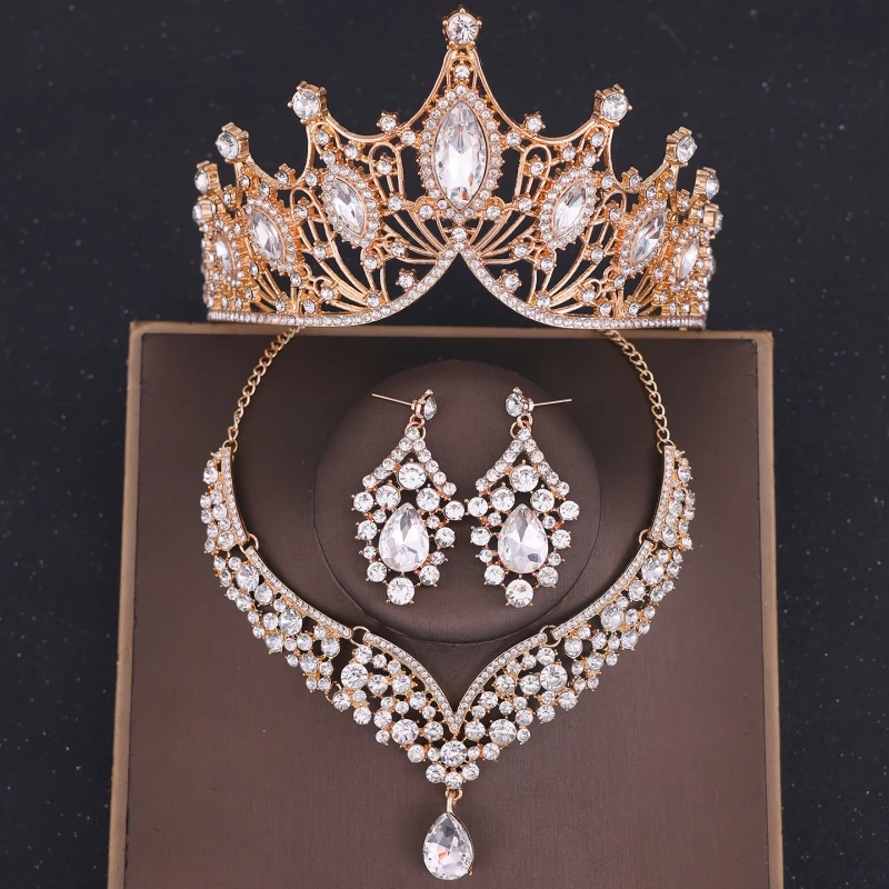 3Pcs Crystal Crown Necklace Earring Set Rhinestone Bridal Jewelry Set Bridal Wedding Hair Accessories Jewelry Tiaras And Crowns