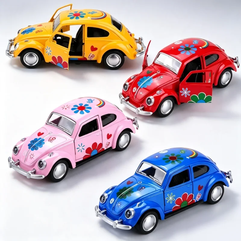 1:36 Scale Retro Beetle Style Alloy Car Model, Can Pull Back Metal Toy Car, Can Open Car Door, colorful Flower Decoration mini C