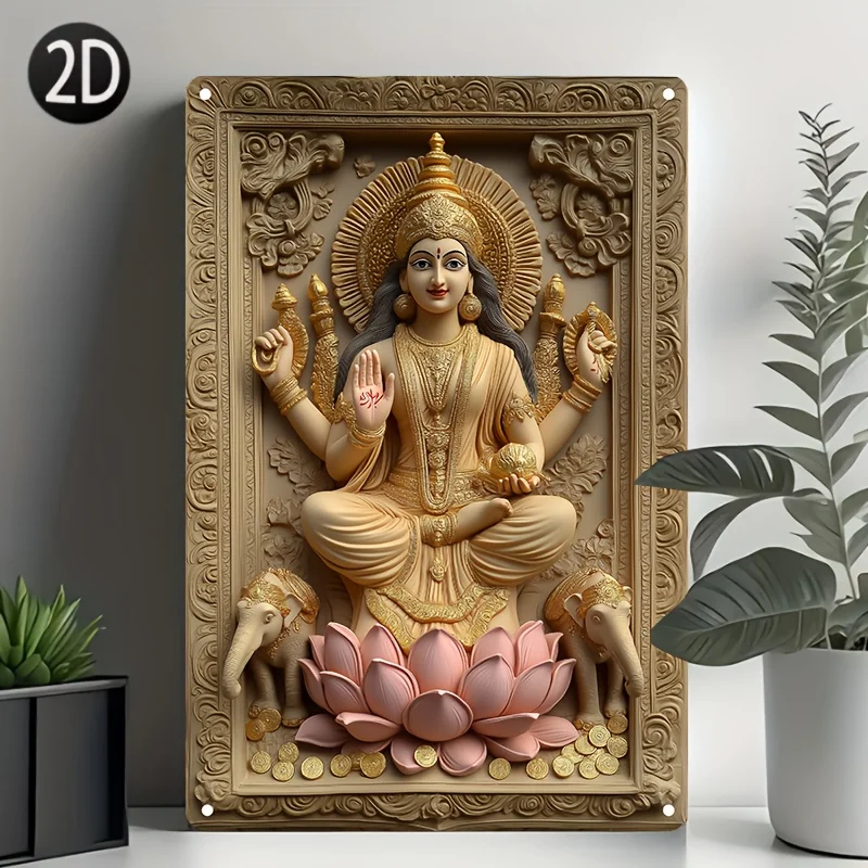 

Lakshmi Goddess Metal Tin Sign, Versatile Wall Decor for Home, Bar, Cafe & Garage, Indian, Bathroom Decor, Room Decor