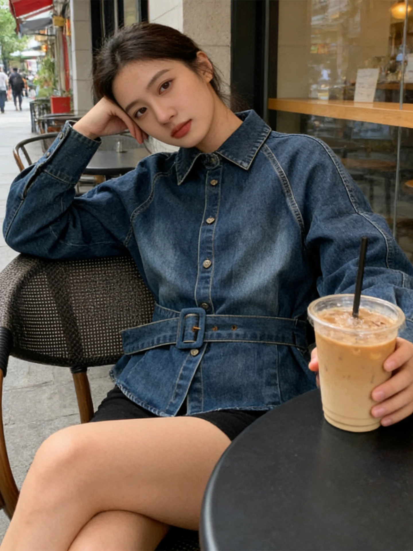 

Hong Kong Sle Loose Blue Denim irt Women's Chic Vintage Collared Slimming Waist Belted Top Early Spring Faion