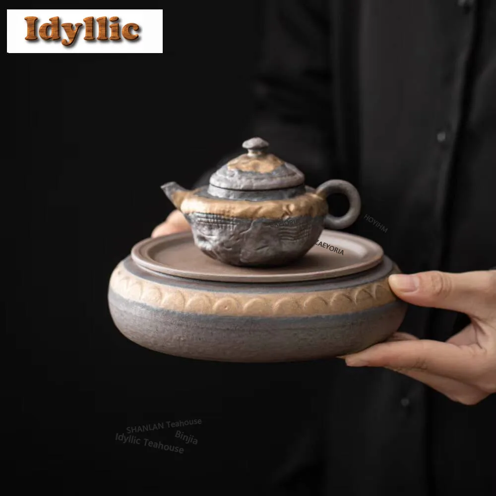 HOYIHM 450ml Retro Gilded Iron Glaze Ceramic Teapot Holder Water Storage Circular Dry Brewing Tea Table Tray Base Kung Fu Gifts