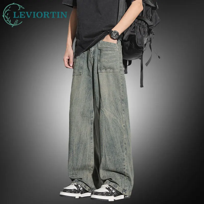 

Men's High Street Washed Baggy Jeans Summer Loose Fit Straight Leg Denim Pants Casual Y2K Streetwear Distressed Denim Trousers