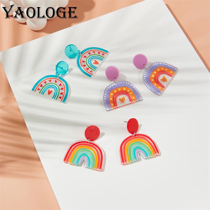 YAOLOGE Acrylic Women's Earrings Seven Color Rainbow Arch Bohemian U Shaped Pencil Stripe Pattern Hip Hop Creative Jewelry Gift