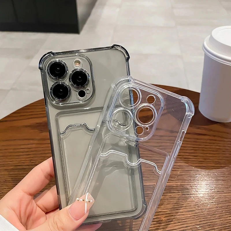 Transparent Card Slot Bag Holder Phone Case For iPhone 16 15 14 13 12 11 Pro Max XR Clear Wallet Silicone Shockproof Back Cover image 4