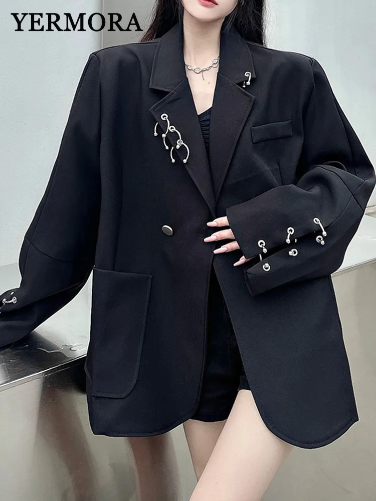 YERMORA 블랙 불규칙한 금속 반지 캐주얼 블레이저 옷깃 긴 소매 여성 느슨한 새 재킷 패션 조수 봄 가을 2025 A806
