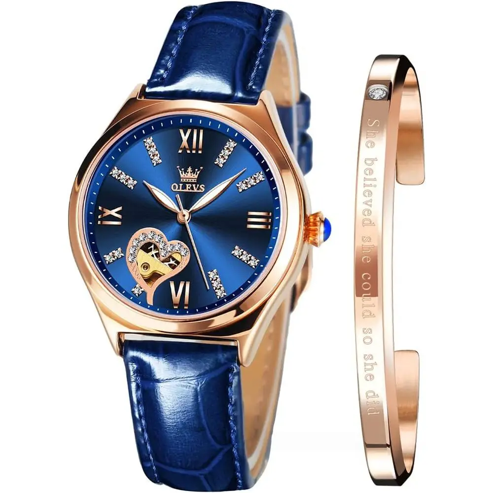 

Часы OLEVS для женщин, автоматические женские часы с механическим кожаным ремешком, с автоподзаводом, циферблат с бриллиантами, водонепроницаемые.