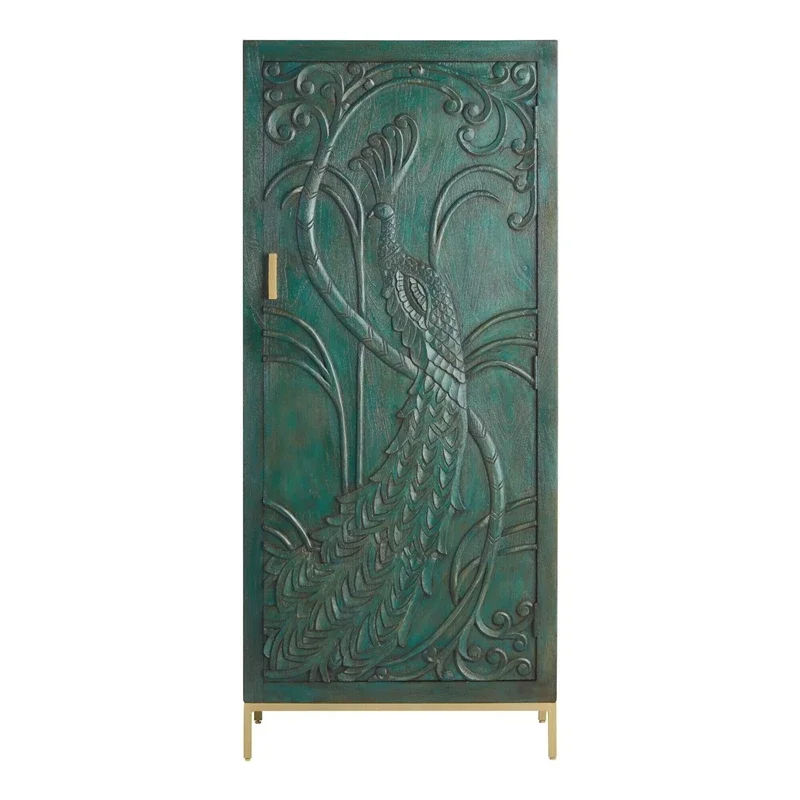 French retro solid wood wardrobe simple bedroom storage cabinet American carved peacock storage cabinet