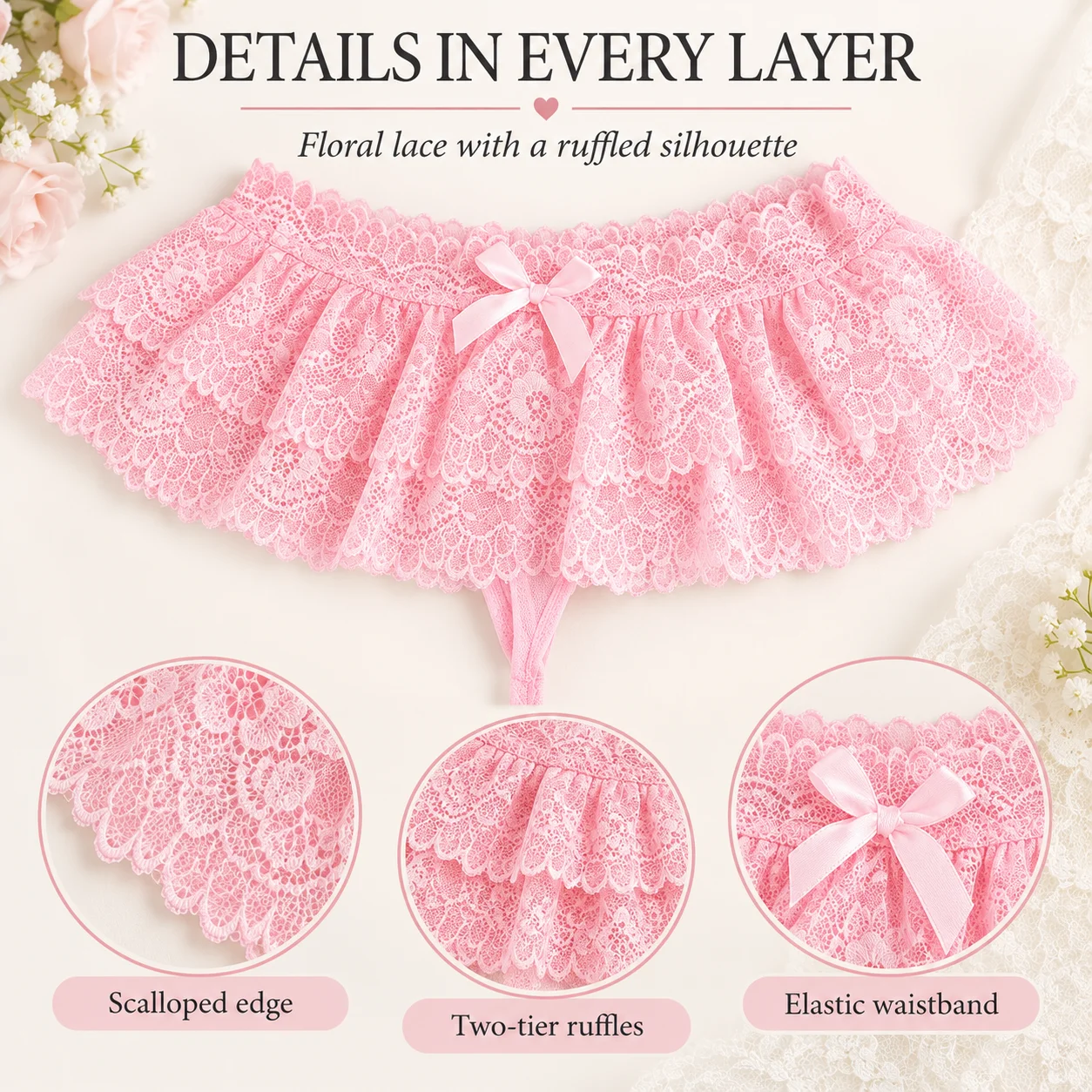 Women's Ruffled Lace Skirted Thong Panties Elastic Low Rise Polyester Spandex Underwear Black Pink White One Size