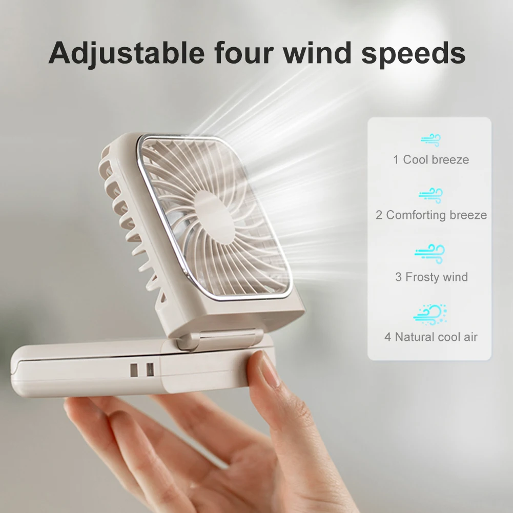 3-in-1 Outdoor Folding Fan with Makeup Mirror Desktop Electric Fan 5 Speeds Foldable Personal Fan Power Bank for Outdoor Travel