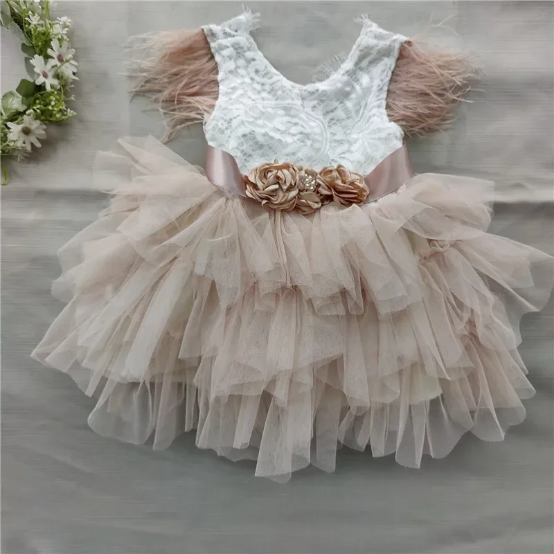 Платье принцессы с перьями для первого дня рождения, кружевное летнее детское платье-пачка с летящими рукавами для маленьких девочек и поясом MN3