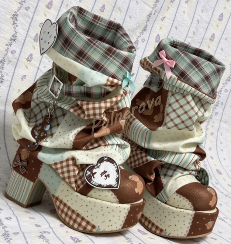 Sweet Lolita Platform Mid Calf Boots Women Cute Bear Print Patchwork Plaid Patch Heart Bow Shoes Chunky Heel Gothic Punk Boots