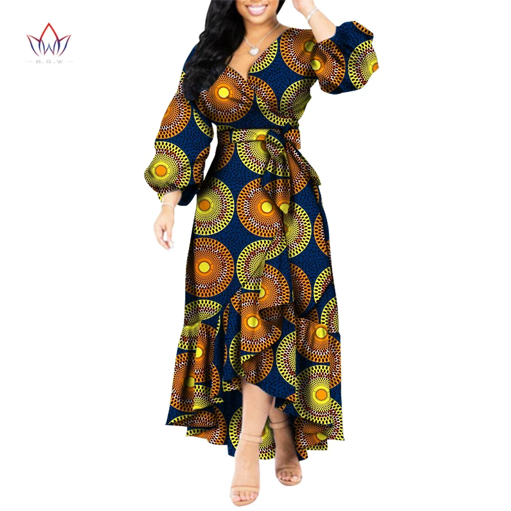 Autumn Plus Size African Long Dress for Women V-neck Belt Africa Dresses Dashiki Elagant African Dressesfor Ladies WY5856