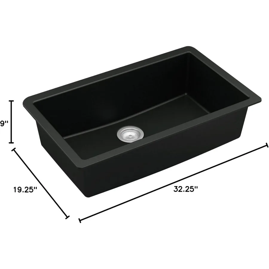 حوض مطبخ مركب من الكوارتز الجرانيت الكبير 33 من Undermount باللون الأسود عميق للغاية 9 حوض صوت مقاوم للحرارة والخدش