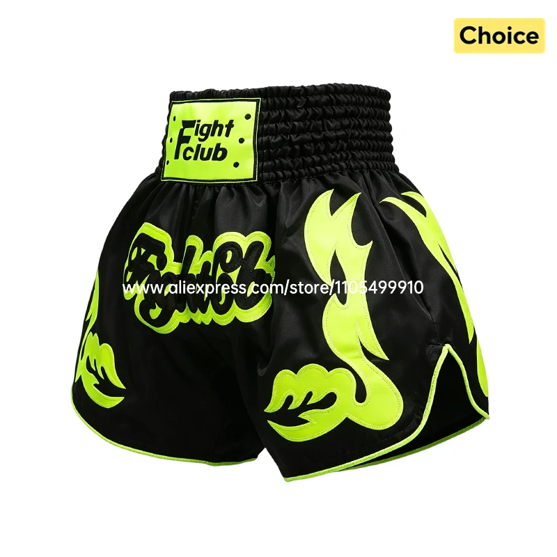 Muay Thai Shorts Unisex Kickboxen MMA Boxshorts Satin Schwarz Neongrün Hosen für Sparring Wrestling Kampfsport