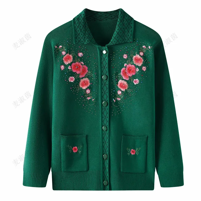 New Middle-aged and Elderly Women's Sweaters Knit Cardigan Spring Autumn Single-Breasted Embroidery Sweater Jacket Female Tops