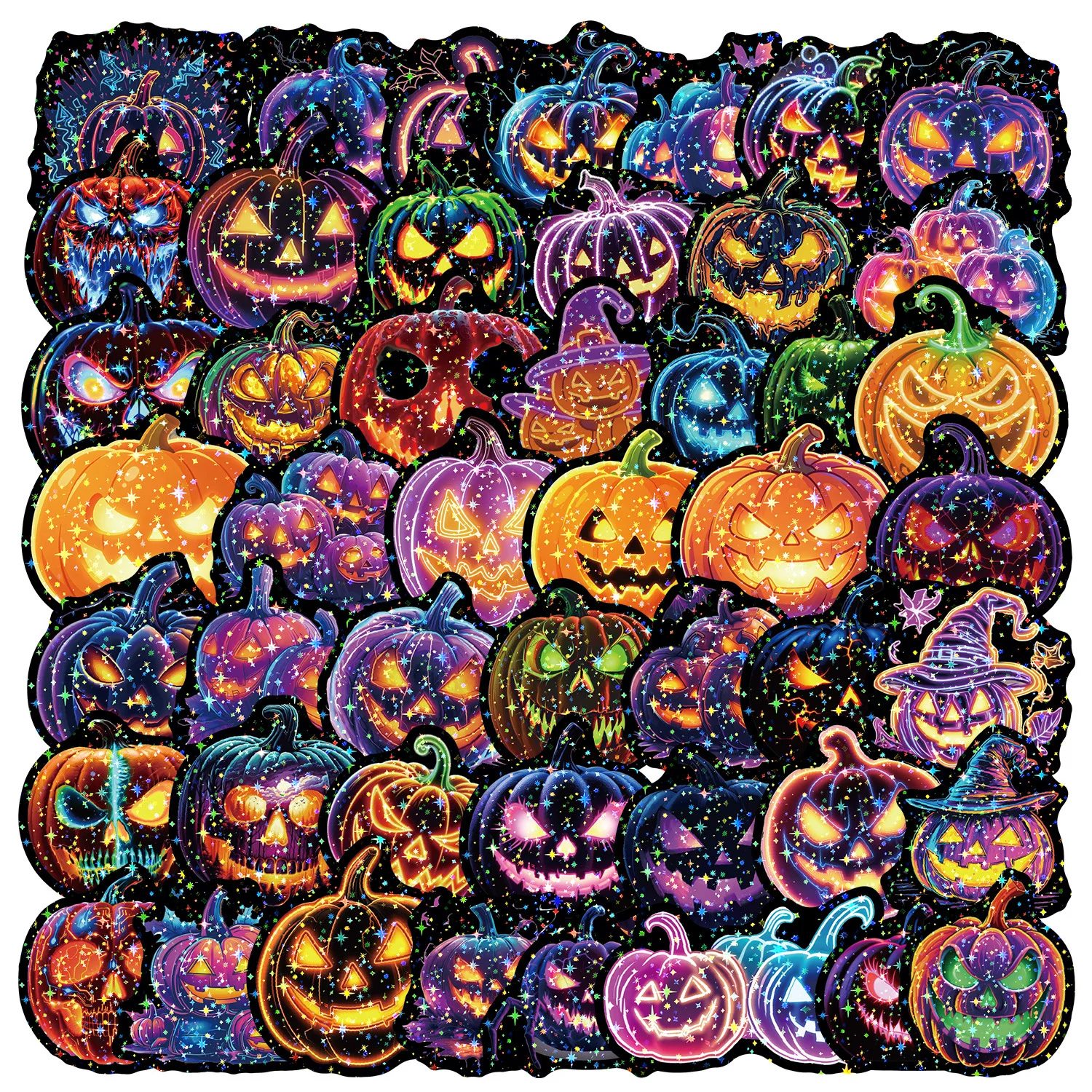 50 PCS Halloween Decoration Stickers Star Film Neon Pumpkin Head Monster Expression Waterproof Decals For Atmosphere Decoration