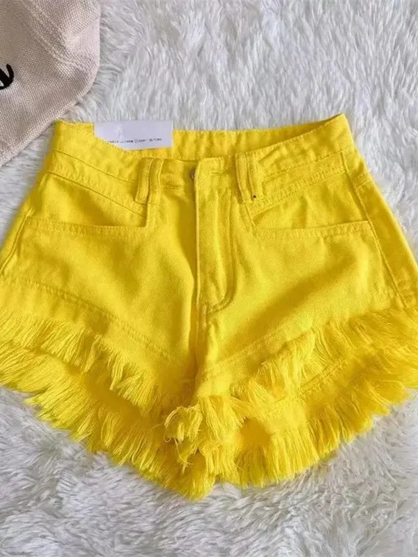 

Повседневные корейские джинсовые брюки с высокой талией и отделкой кисточками, летние модные шорты 2025, розовые женские брюки большого размера