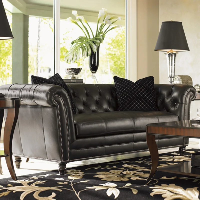 American retro leather sofa first layer cowhide three-person buckle sofa neoclassical solid wood small apartment living room