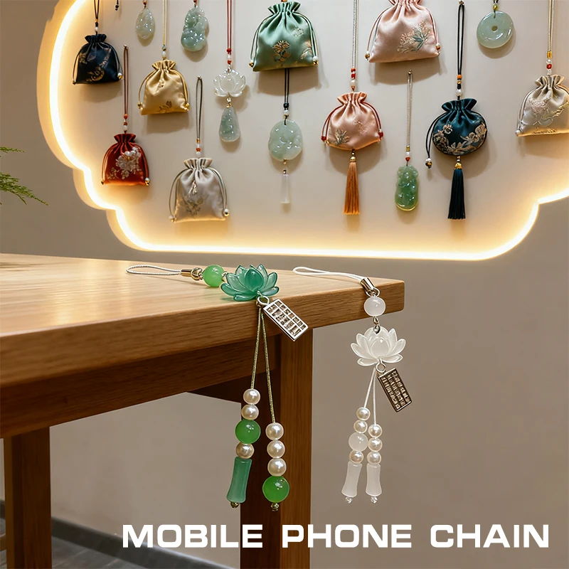 LLavero con colgante de flor de loto, cadena para teléfono, decoración de cuentas, accesorios de estilo chino, regalos, cadena para cámara, colgante para bolso
