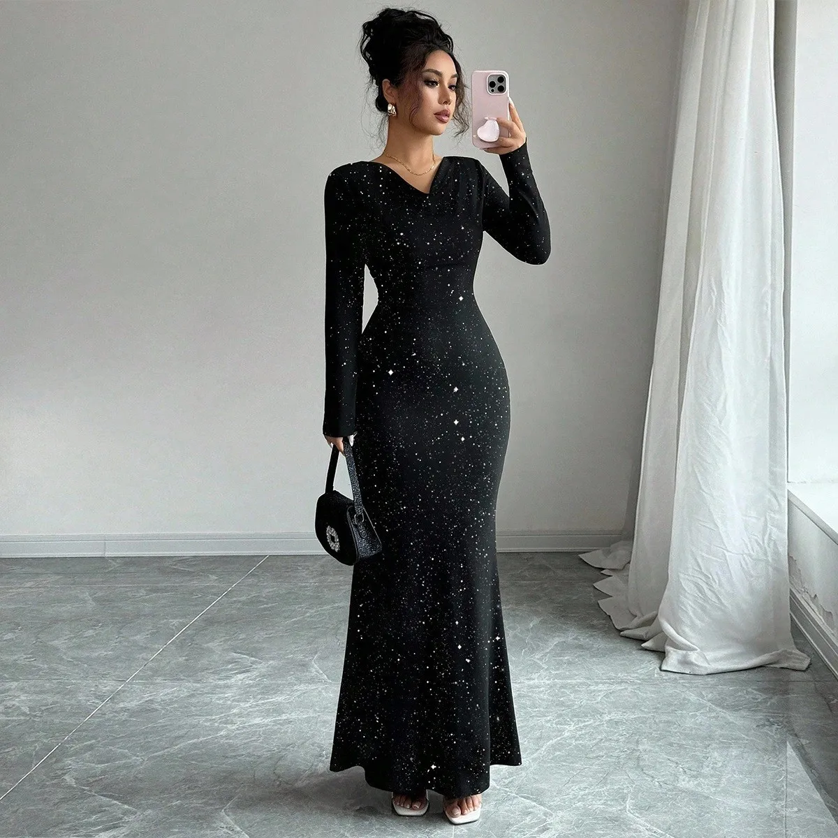 V Neck Long Sleeve Dress a Line Professional with Minimalist Fitted a Line Skirt Mid Rise Waist Pullover Chic Autumn for Women