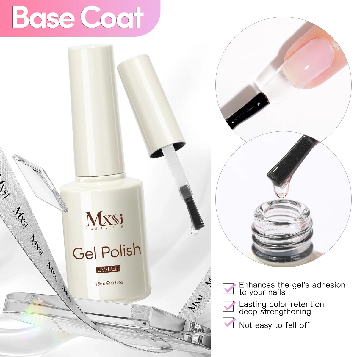 Mxsi 3 個ネイルジェルポリッシュセット 15 ミリリットル機能性ジェルアシッドフリープライマーベースコートソークオフ UV LED ノーワイプ強化トップコートキット