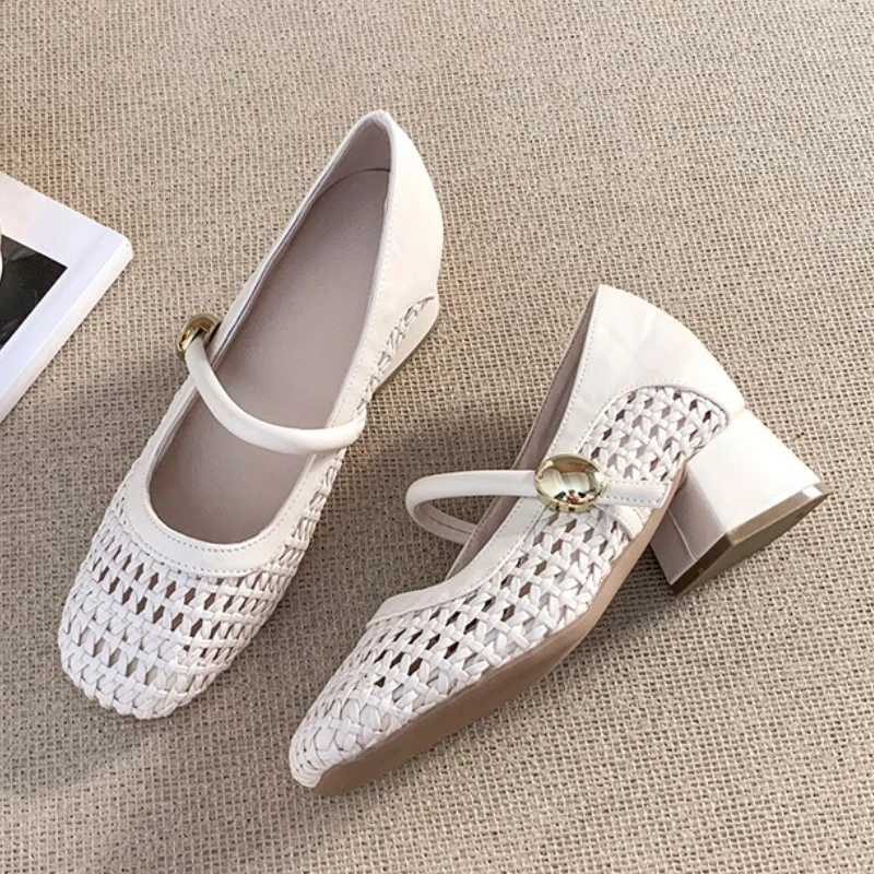 

Туфли Мэри Джейн на массивном каблуке в стиле ретро, женские дышащие балетки на низком каблуке с квадратным носком, модные лоферы с металлической пряжкой