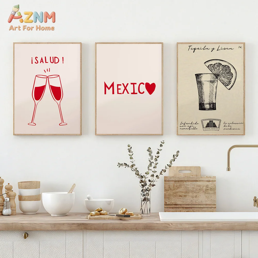 AZNM Vintage Mexican Drink Canvas Wall Art Tequila Horchata Retro Bar Poster Print Kitchen Bar Cart Home Decor Unframed