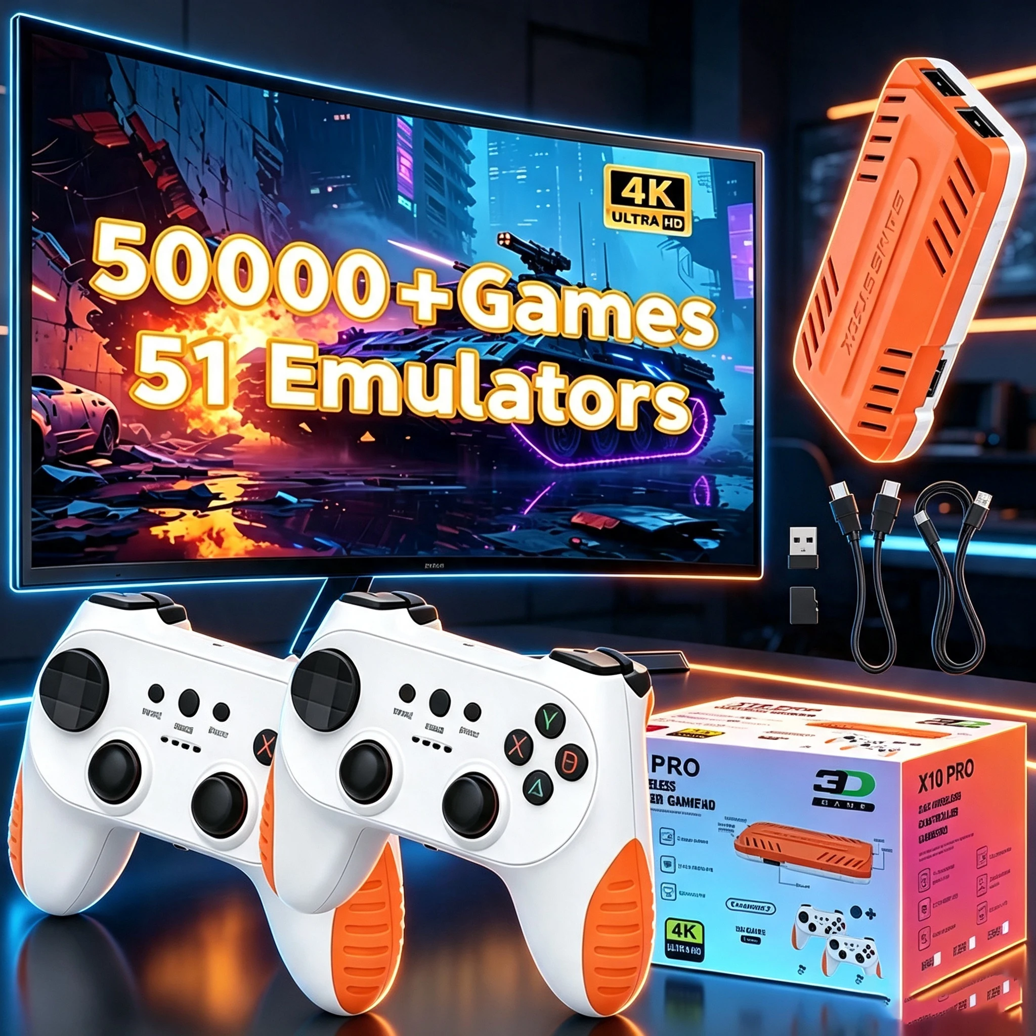 Игровой адаптер X10 PRO Retro TV с 128 ГБ памяти, предустановленными более чем 50000 классическими видеоиграми, выходом HD HDMI, беспроводными контроллерами