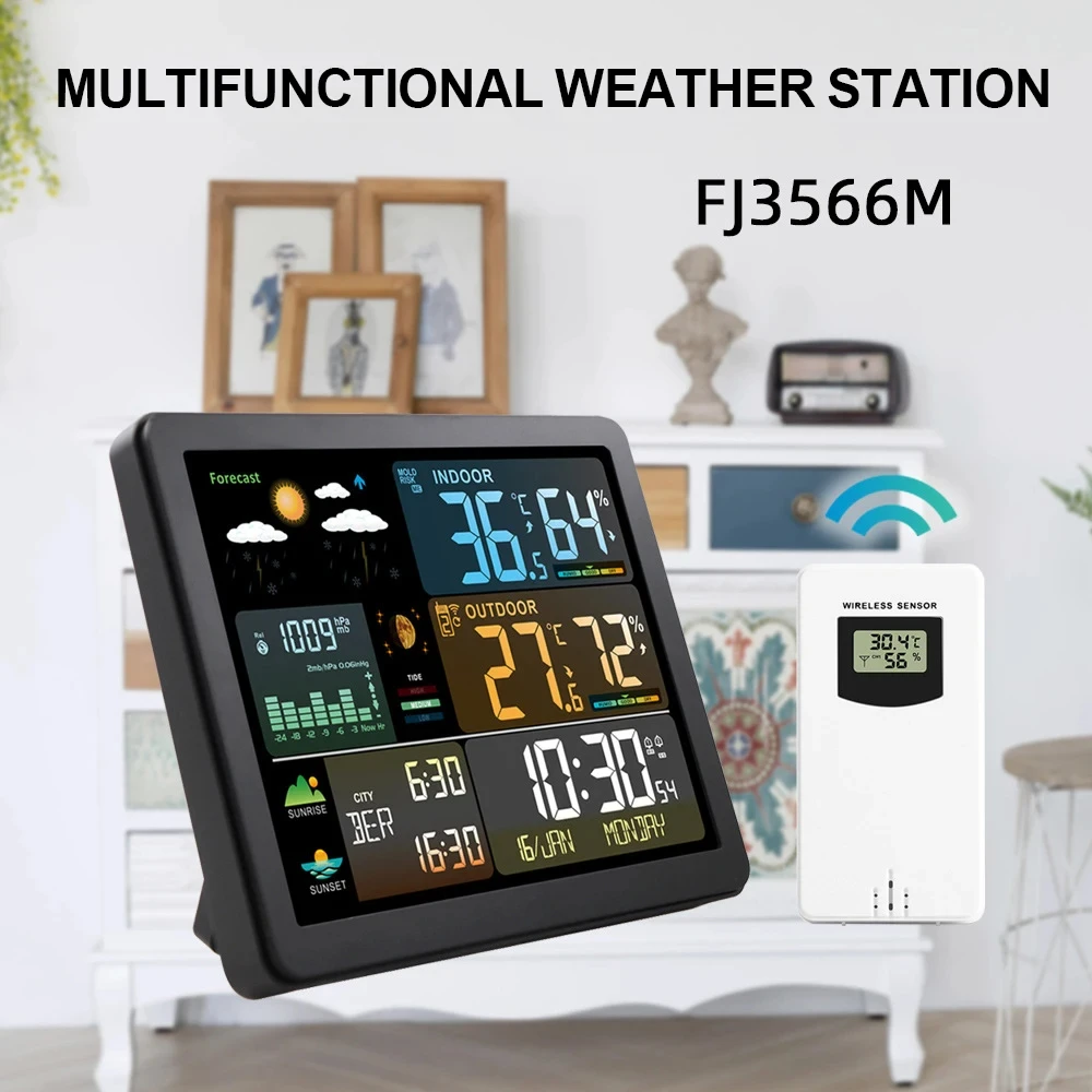 Wielofunkcyjny Alarm stacji meteorologicznej termometr zegar higrometr z odkrytym czujnik bezprzewodowy higrotermografem wschód słońca