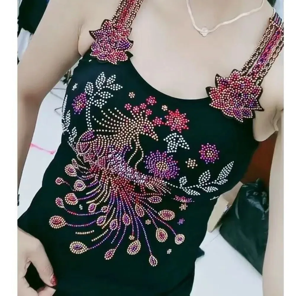 

Camisetas Sin Mangas Phoenix Rhinestone Black Top Y2k Pretty Beaded Tops Cute Clothes for Women Tube Top with Padding