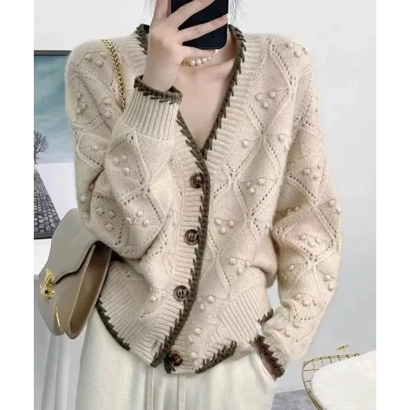 Chic jacquard 100% cashmere knit cardigan Women\'s autumn/winter lazy V-neck sweater Loose wool coat